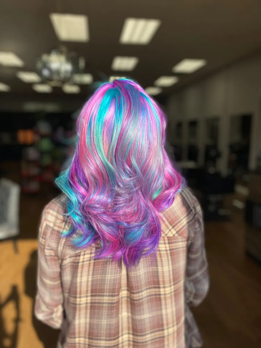Pink, purple, and teal vivid color on long layers